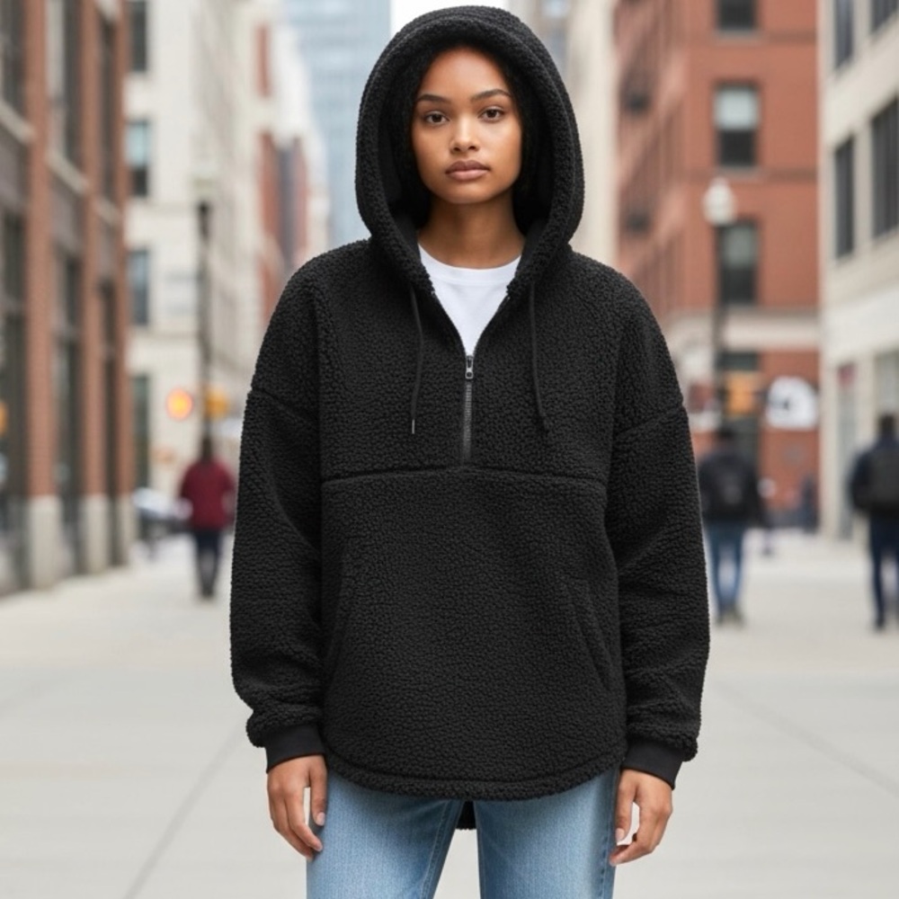 (NWT) Victoria’s Secret PINK Varsity Half Zip Hooded Sherpa In Pure Black
